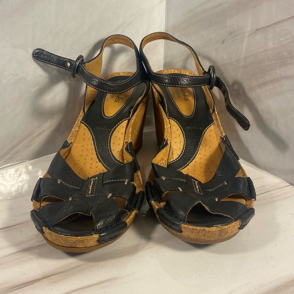 Clarks Black and Tan Leather Wedges